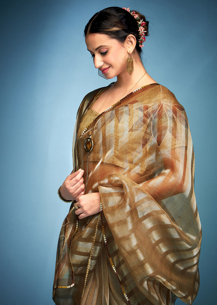 Olive Green Tissue Silk Saree With Floral Print