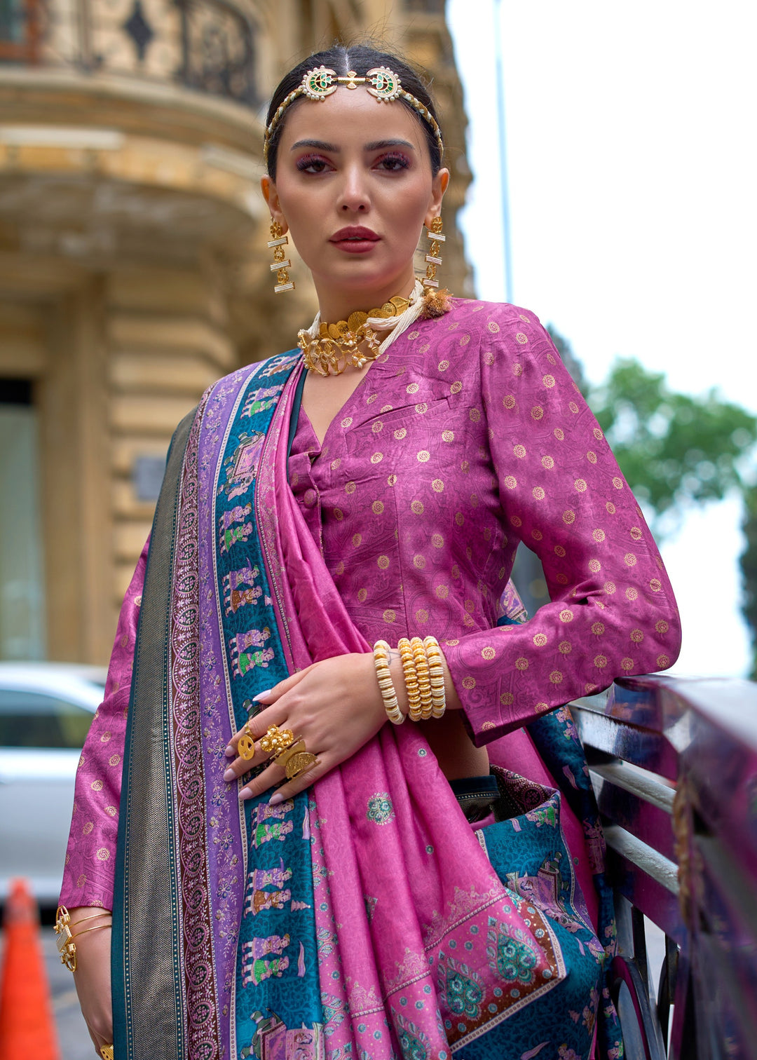 Shocking Pink Poly Viscose Silk Saree With Foil Print