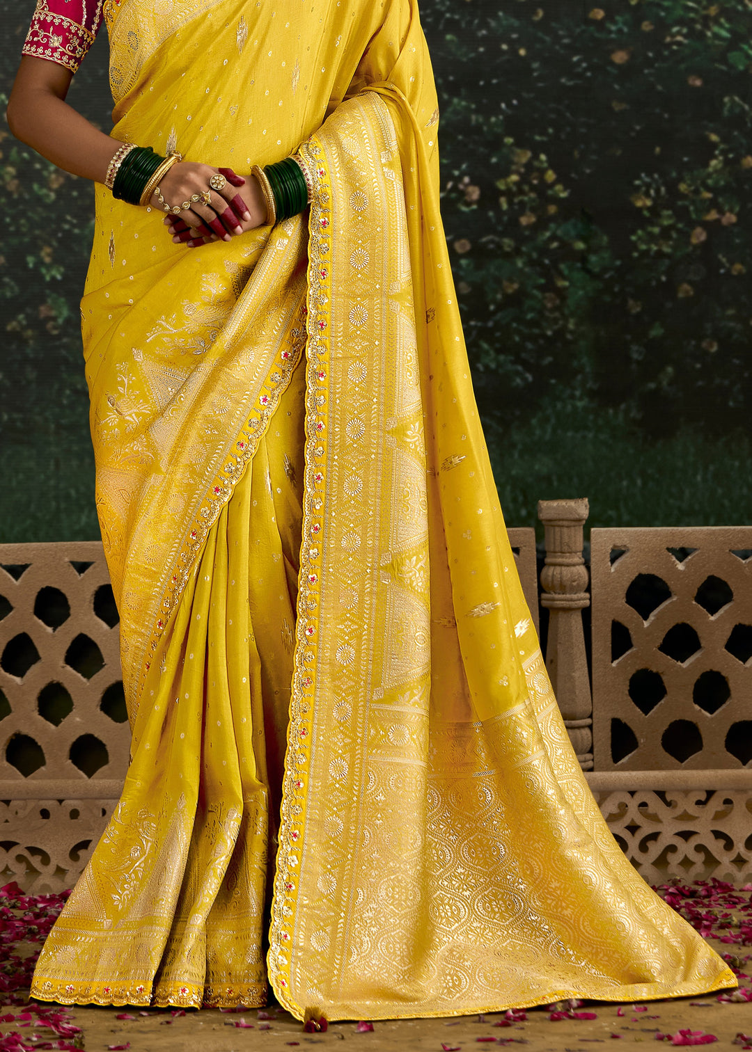 Yellow and Meganta Viscose silk Saree with Zari work