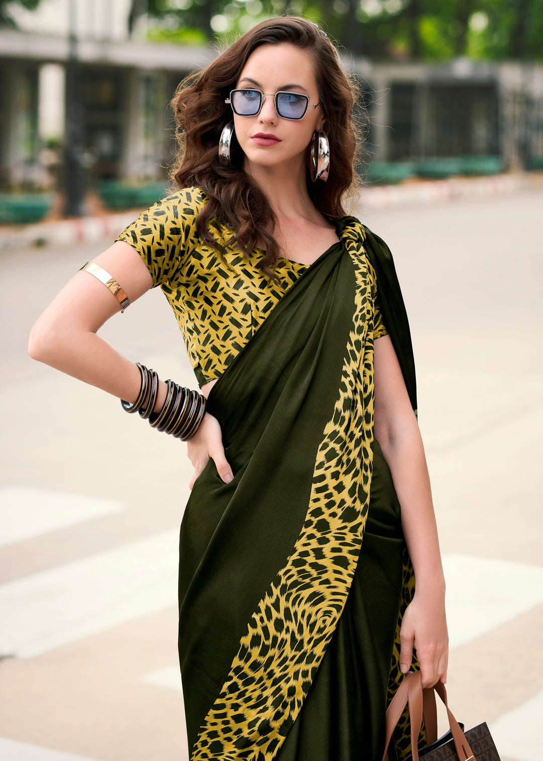 Hunter Green Printed Satin Silk Saree