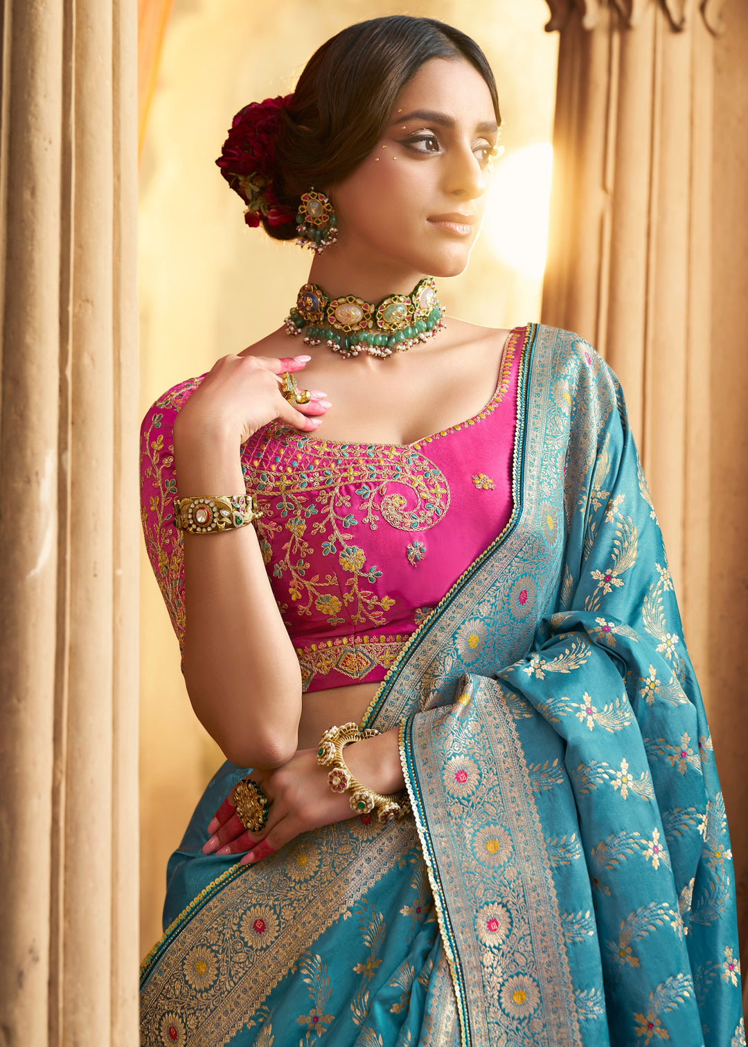 Capri Blue Satin Silk Saree With Beautiful Lace Border And Heavy Designer Embroidered Blouse