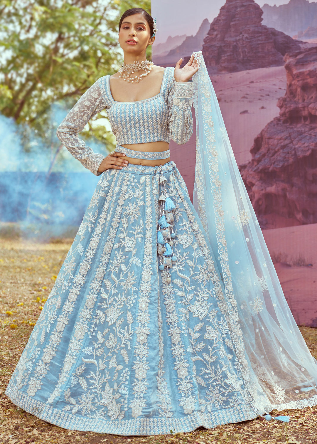 Sky Blue Organza Sequins embroidery Lehenga