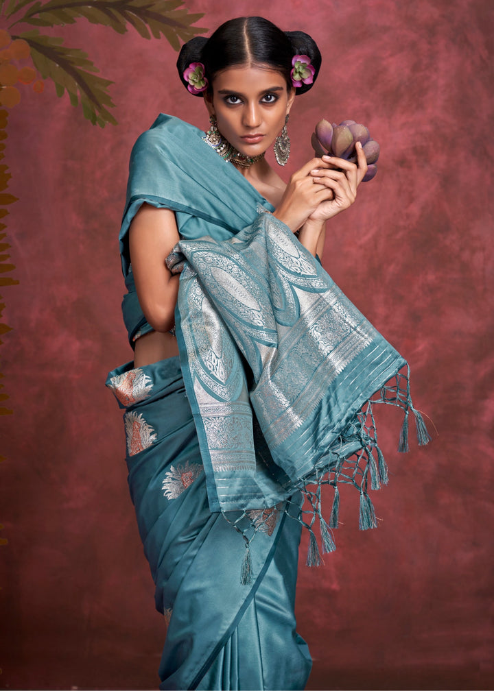 Azure Blue Handloom Weaving Satin - Banarasi Zari Saree