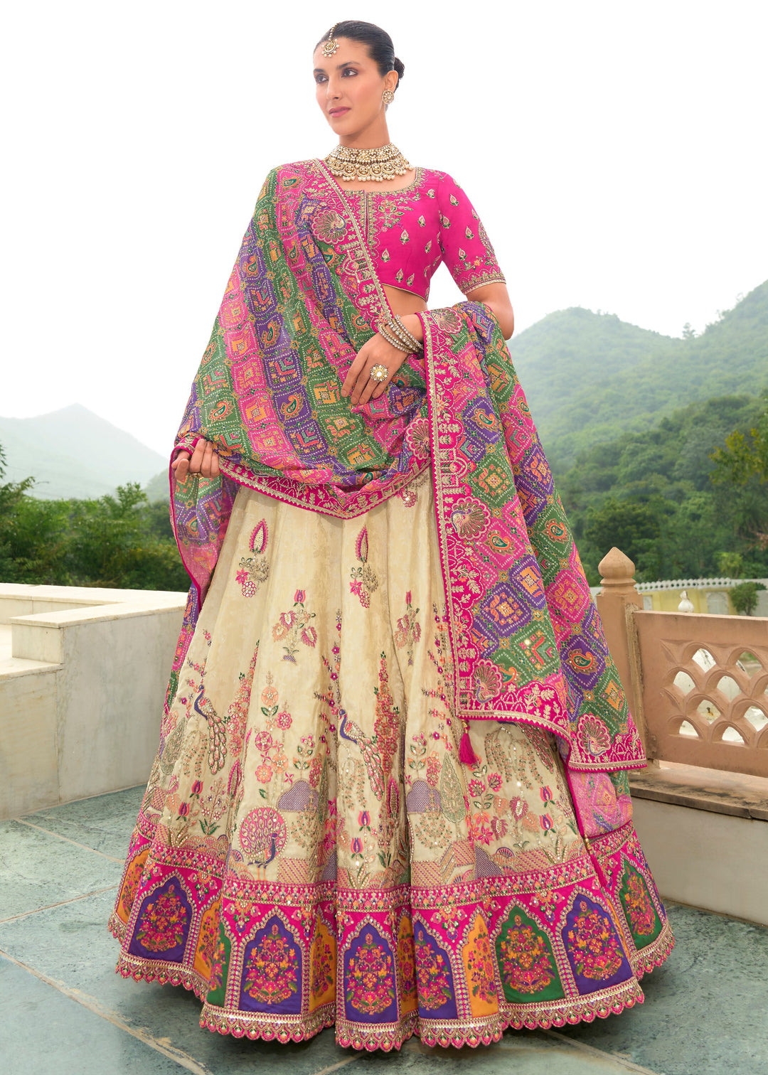 Pink And Cream Banarasi Silk Lehenga With Heavy Embroidery Work