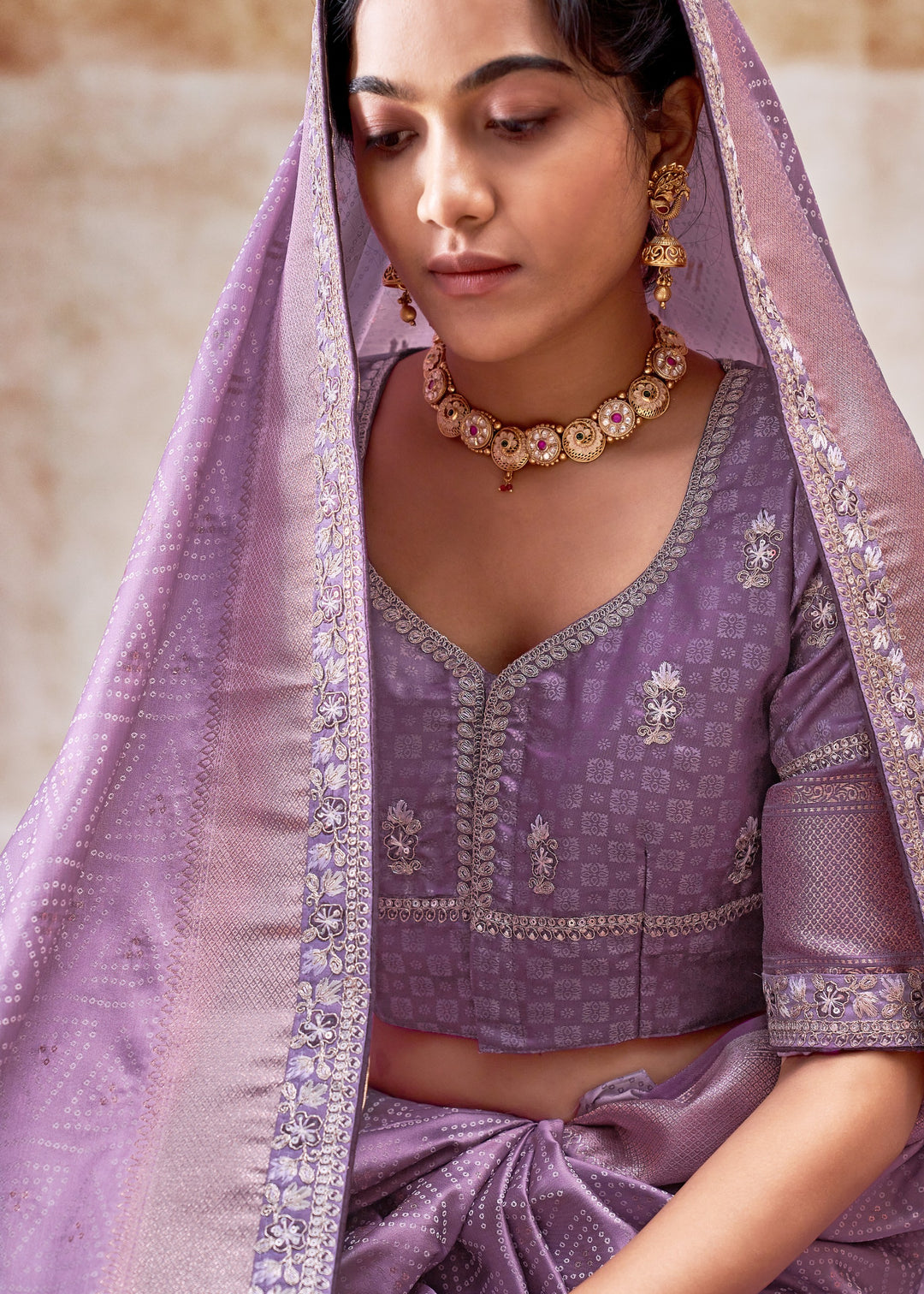 Lilac Purple Satin Silk Saree With Heavy Embroidery Lace & Blouse