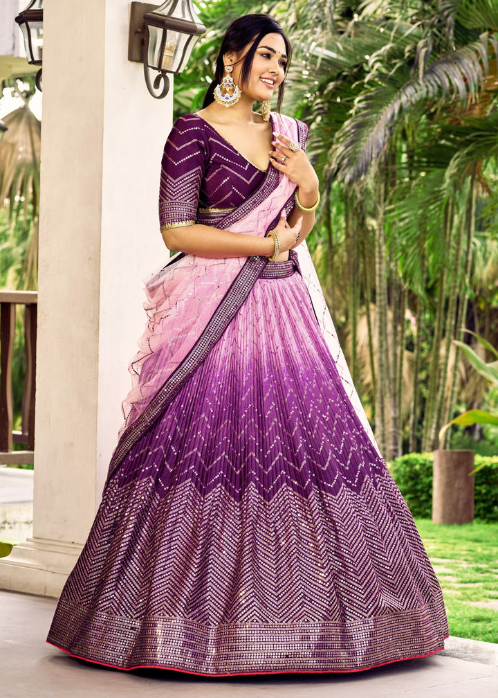 Plum Purple Chinon Silk Lehenga With Sequence and Thread Embroidery Work