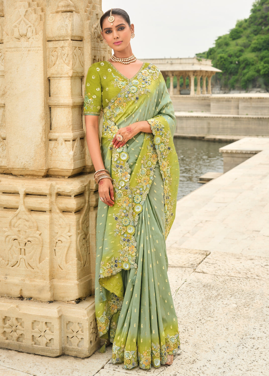 Pistachio Green Viscose Tissue Silk Saree With Embroidery Cut Work Border And Sequence Work