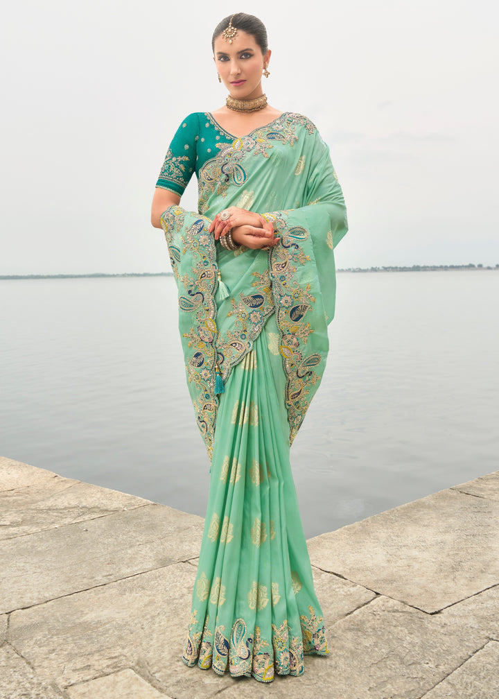 Mint Green Viscose Tissue Silk Saree With Embroidery Cut Work Border And Sequence Work