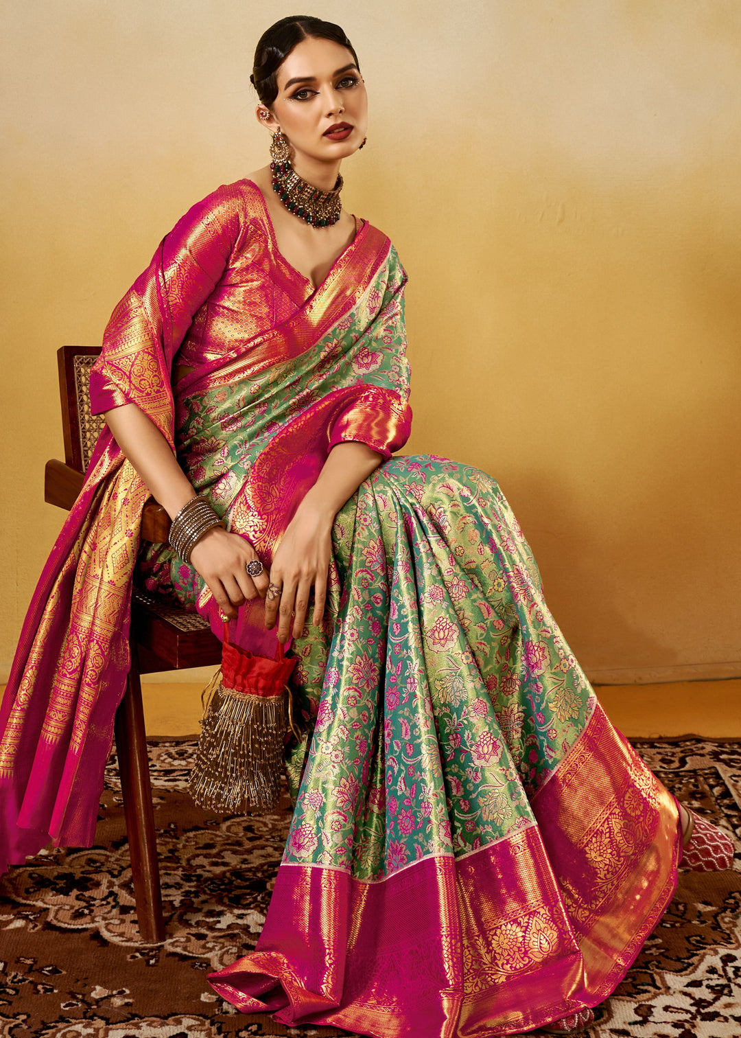 Pink and Green Handloom Dharamavaram Silk Saree