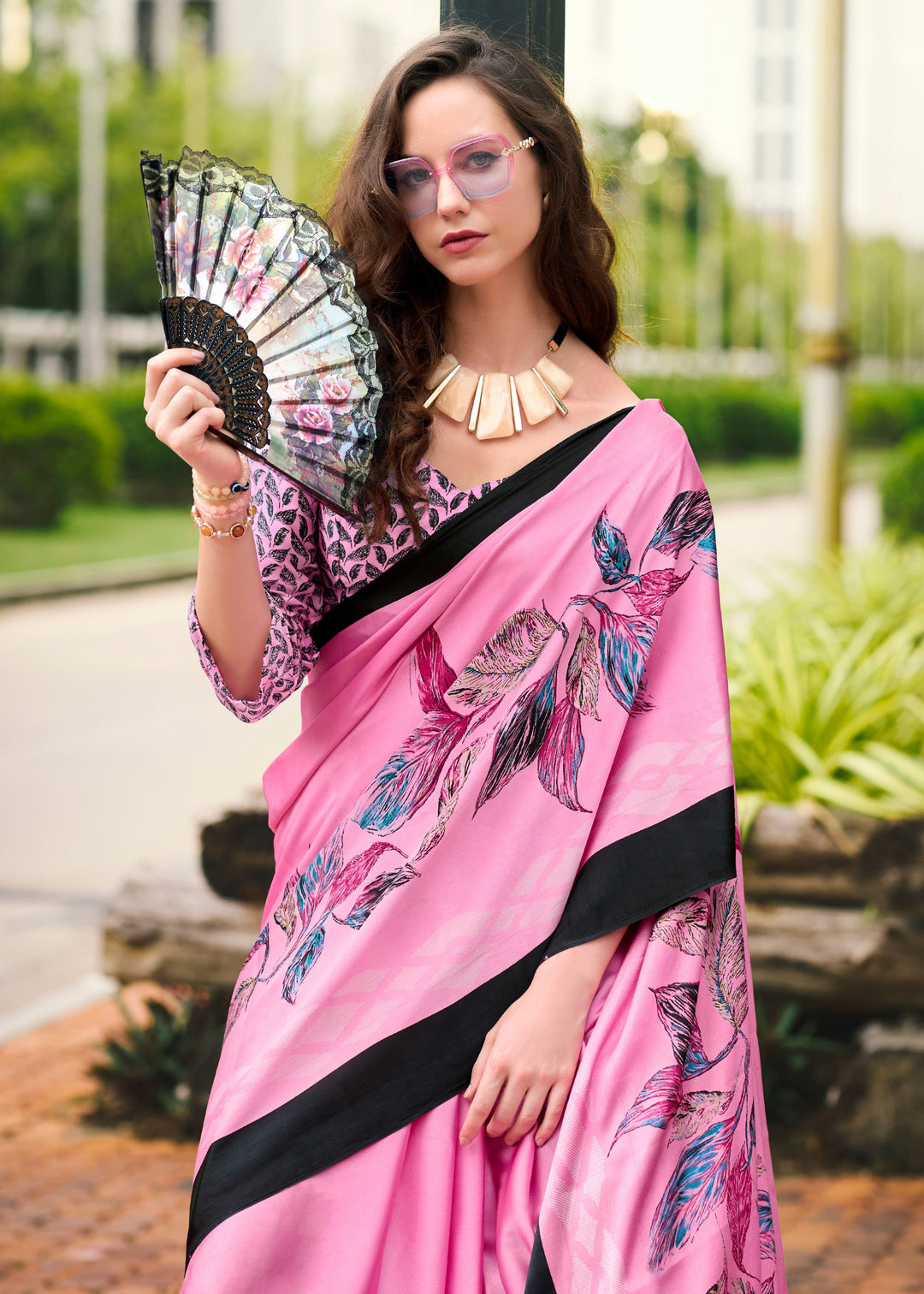 Taffy Pink  Printed Satin Silk Saree