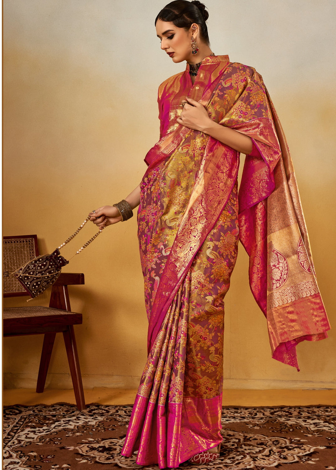 Pink and Orange Handloom Dharamavaram Silk Saree