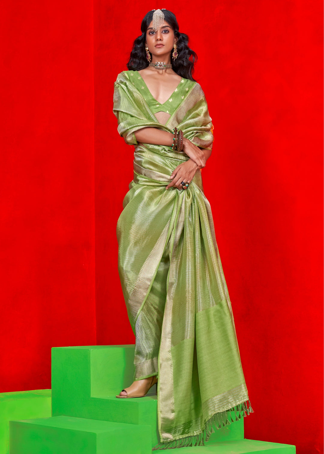 Green Pure Viscose Zari Tissue Saree