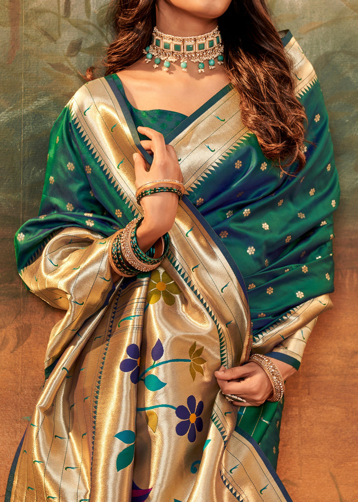 Dark Green Paithani Silk Saree With Zari Weaving