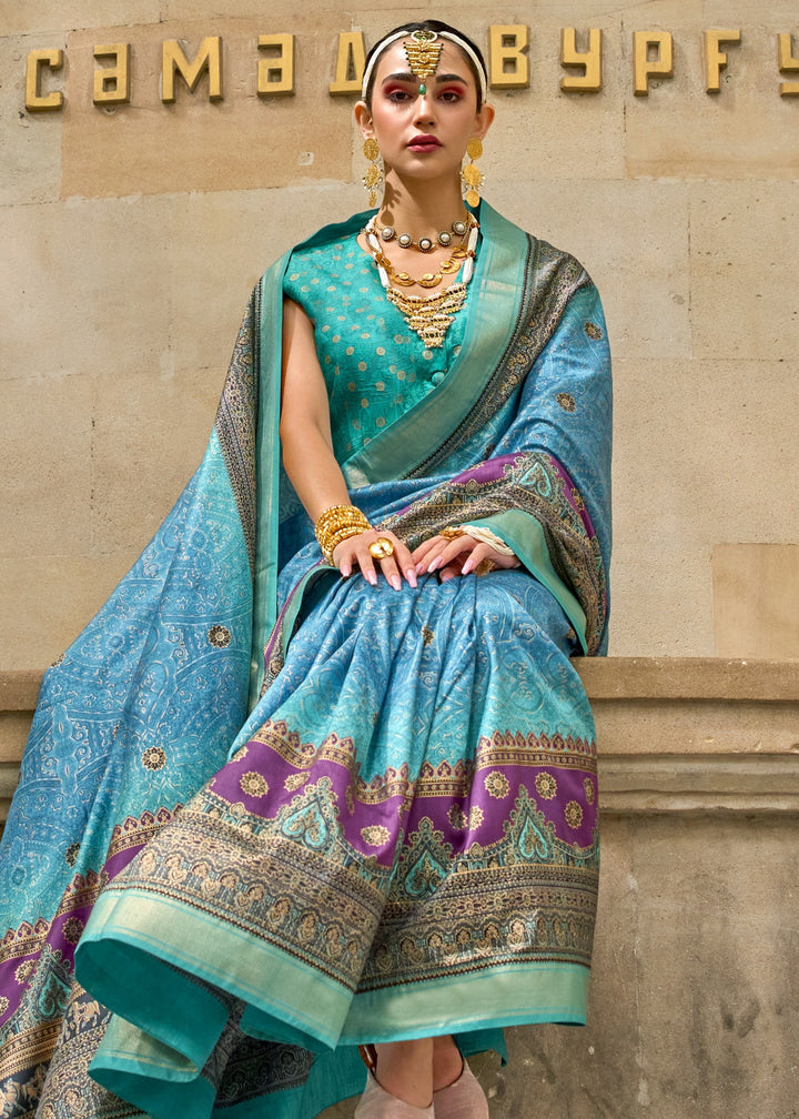 Light Blue Poly Viscose Silk Saree With Foil Print