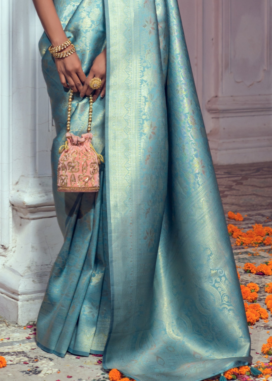 Arctic Blue Zari Woven Silk Saree