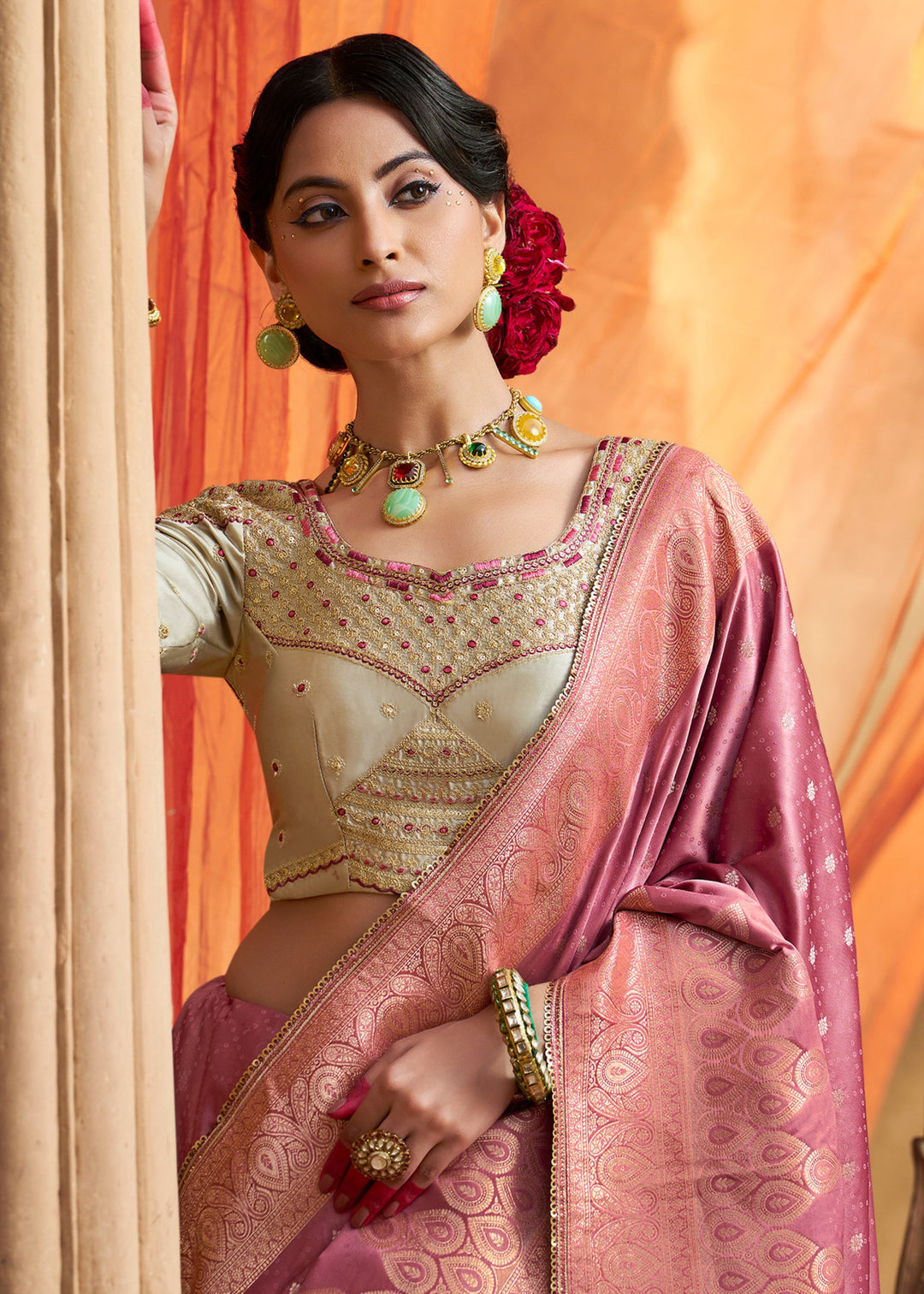 Fuchsia Pink Satin Silk Saree With Beautiful Lace Border And Heavy Designer Embroidered Blouse