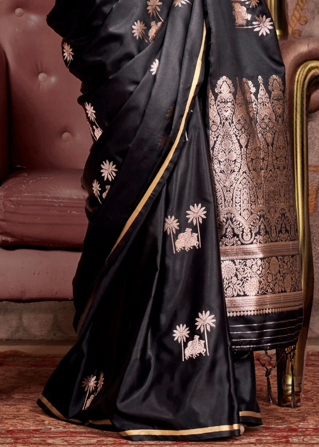 Black Pure Satin Handloom Weaving Silk Saree