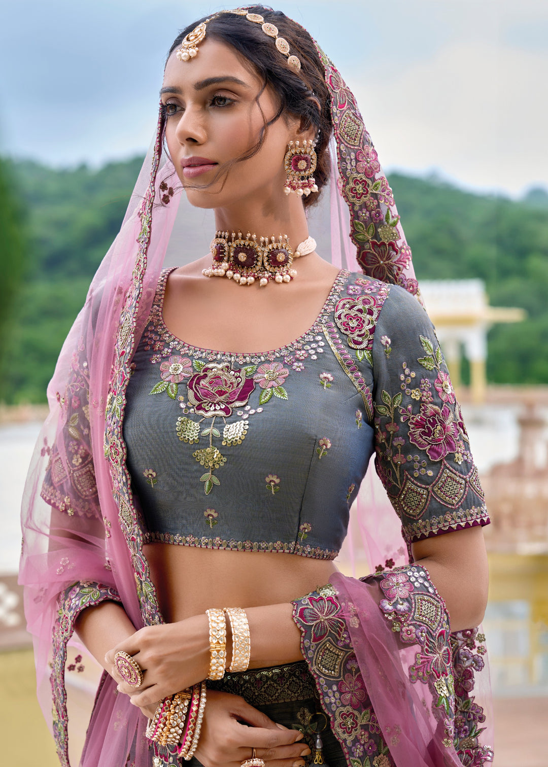 Anchor Grey and Light Purple Viscose Tissue Lehenga Choli with Embroidery Work