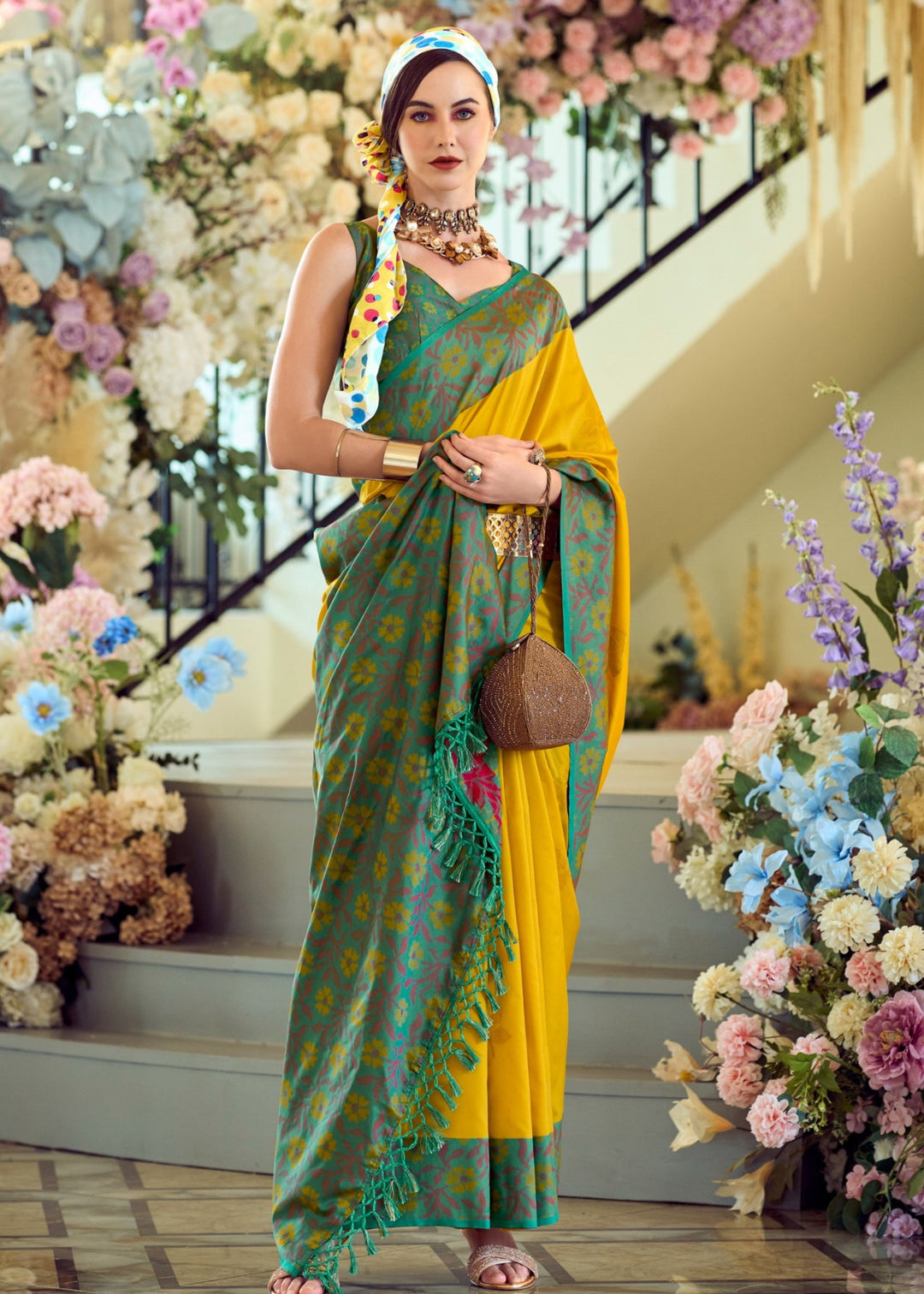 Aureolin Yellow Soft Silk Saree With Ikkat Border