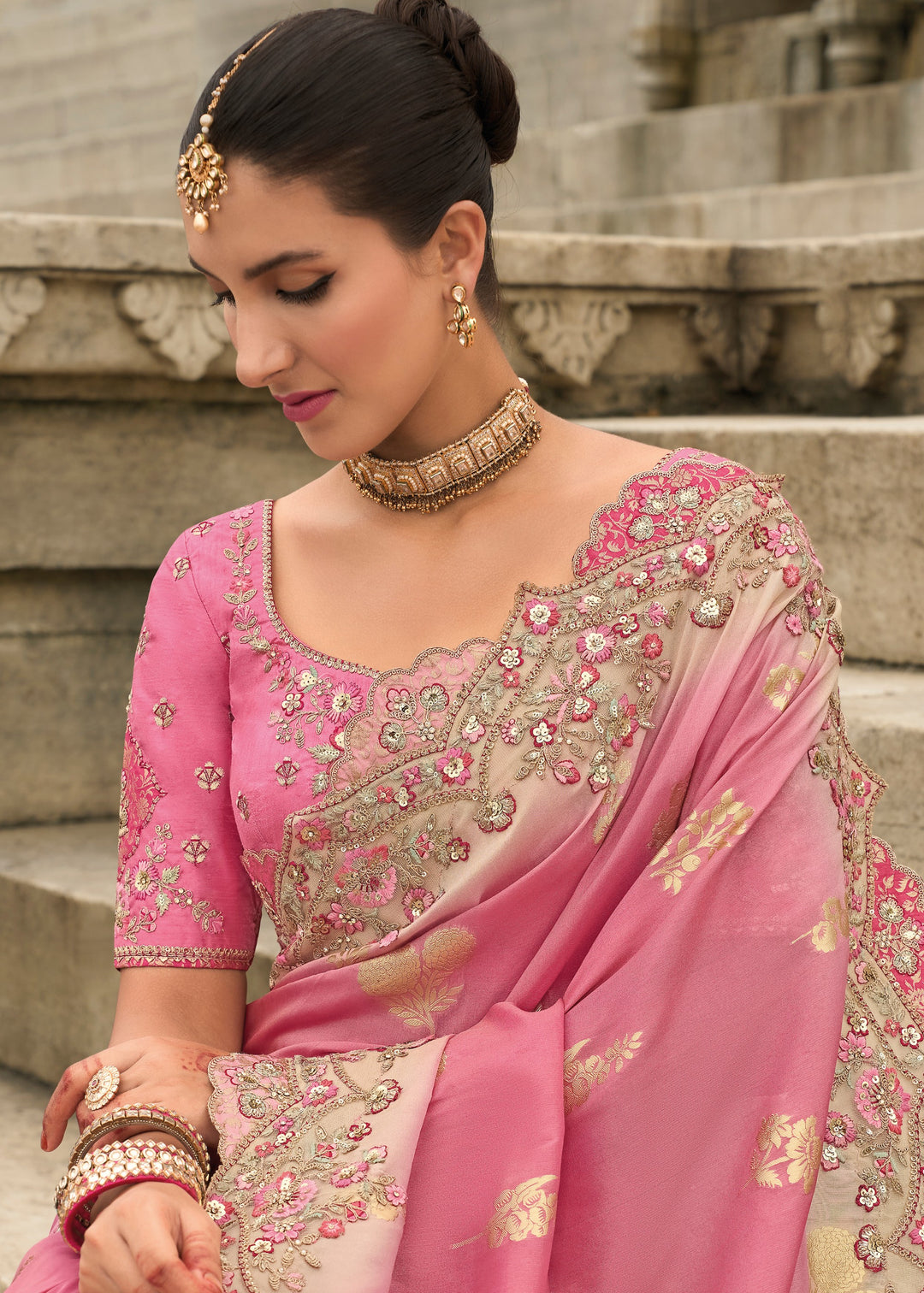 Blush Pink Viscose Tissue Silk Saree With Embroidery Cut Work Border And Sequence Work