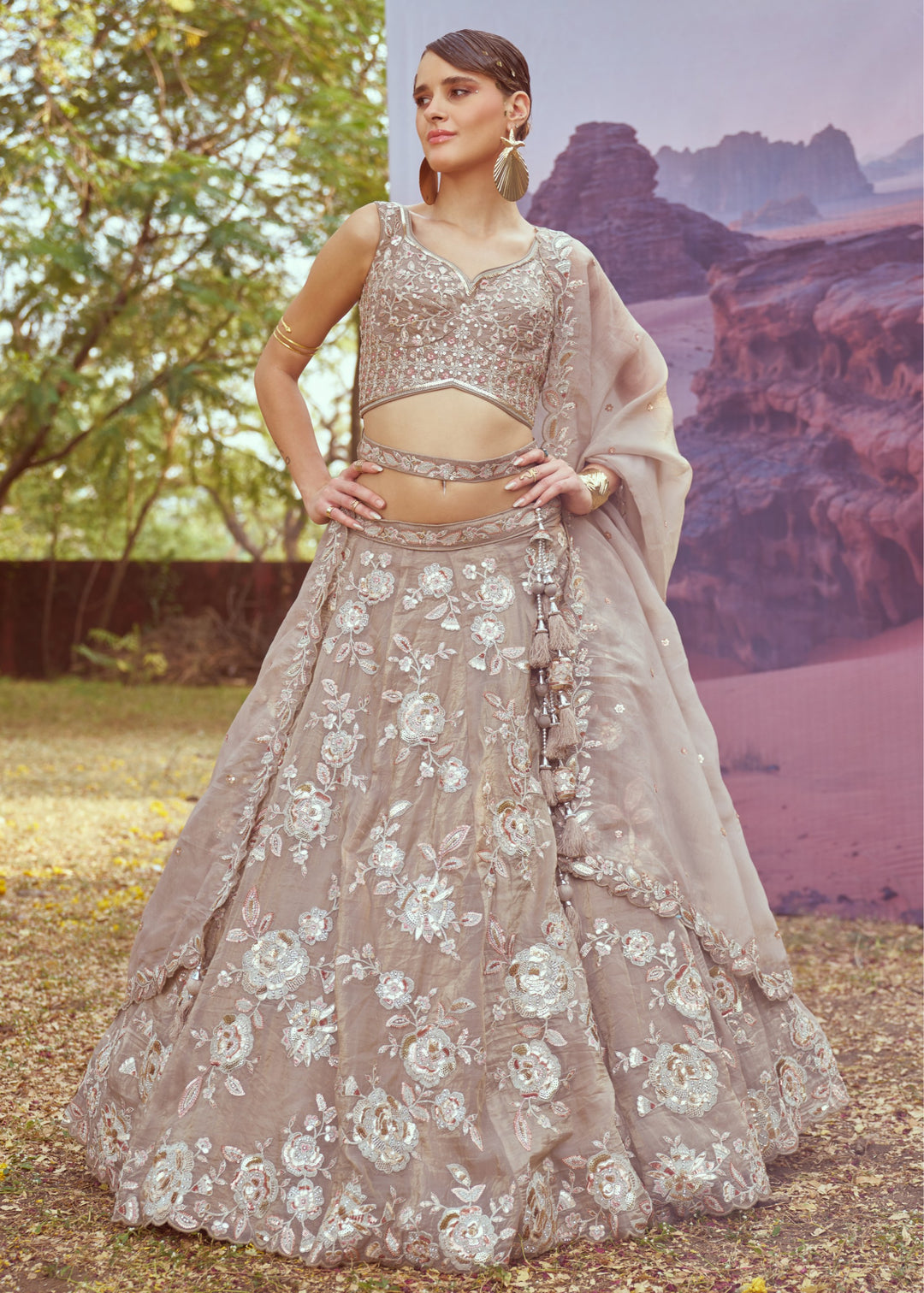 Beige Organza Sequins embroidery Lehenga