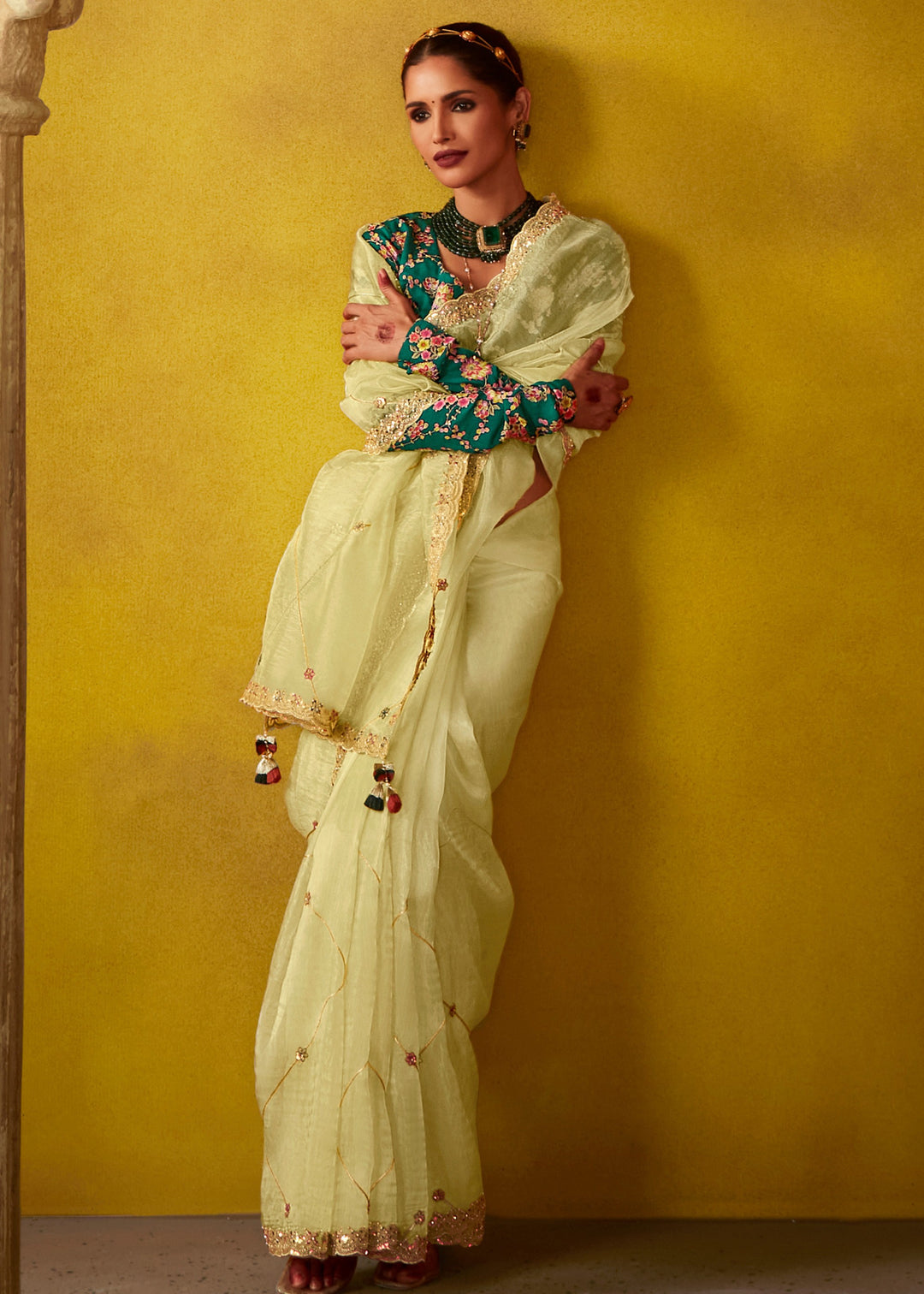 Lemon Yellow Glass Tissue Silk Saree With Sequins And Thread Embroidered Work