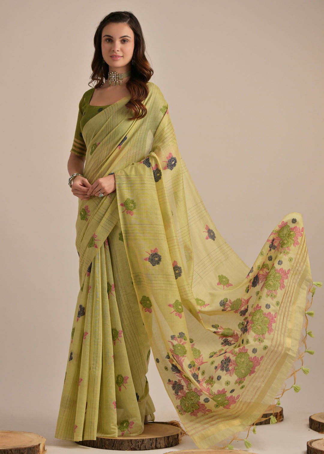 Pista Green Thread Woven Cotton Saree With Contrast Blouse