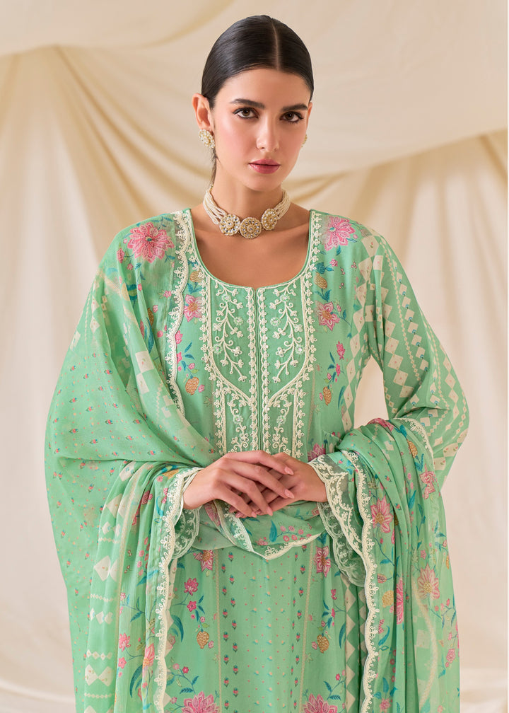 Green Pure Muslin Salwar Suit with Dori Embroidery