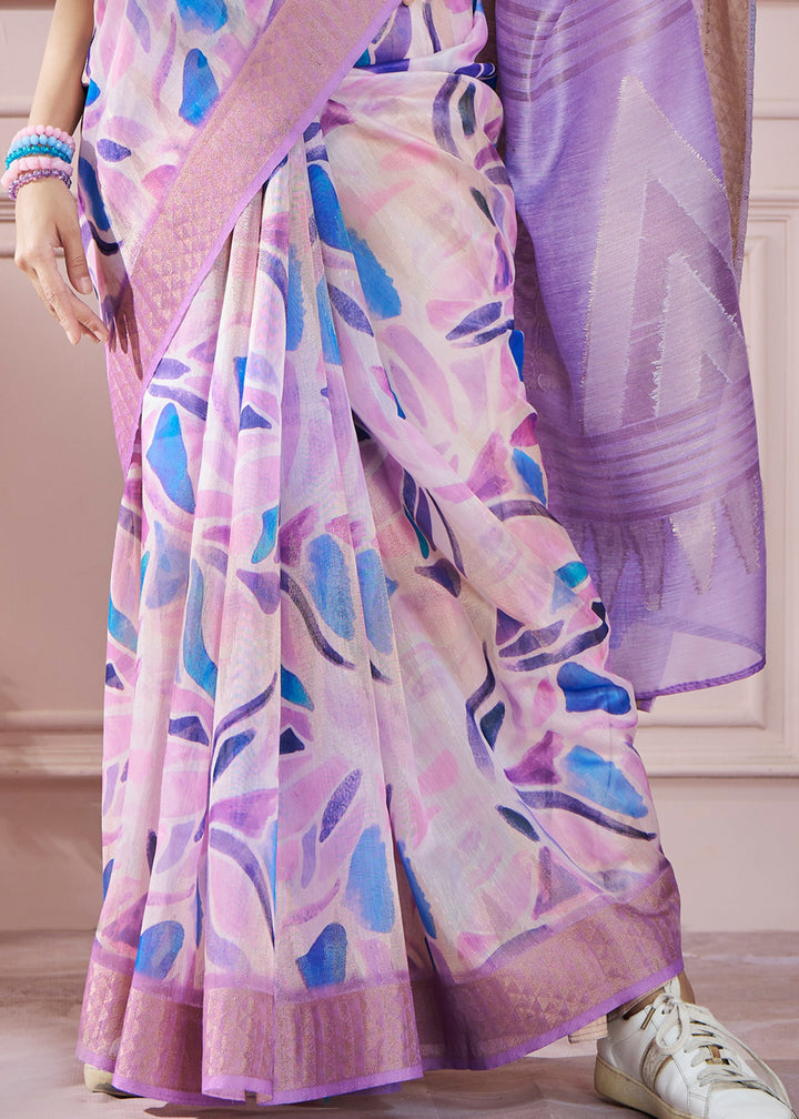 Lavender Purple Soft Zari Based Modal Silk Saree With Beautiful Colorfull Print