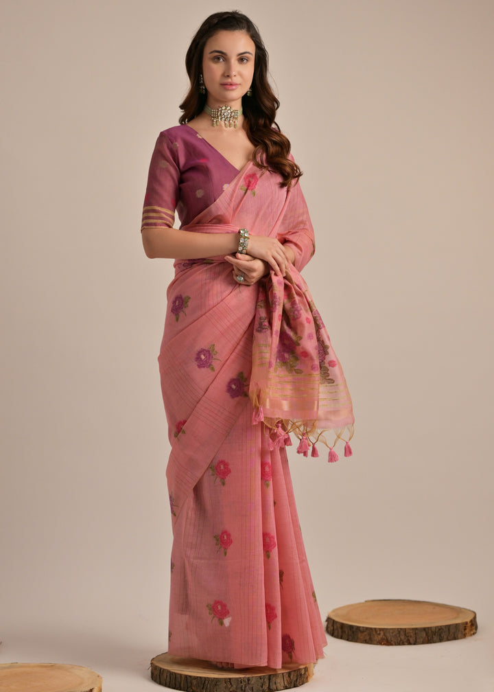 Coral Pink Thread Woven Cotton Saree With Contrast Blouse