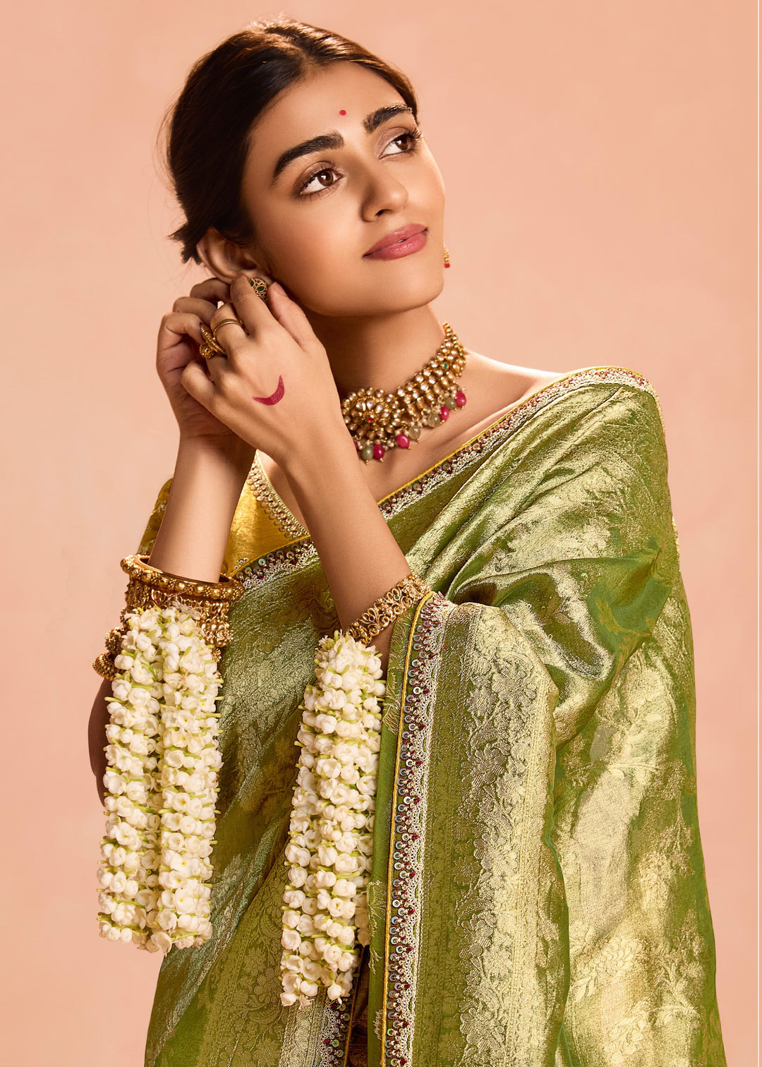 Lime Green Zari Tissue Silk Saree With Weaving Work And Heavy Embroidery Lace