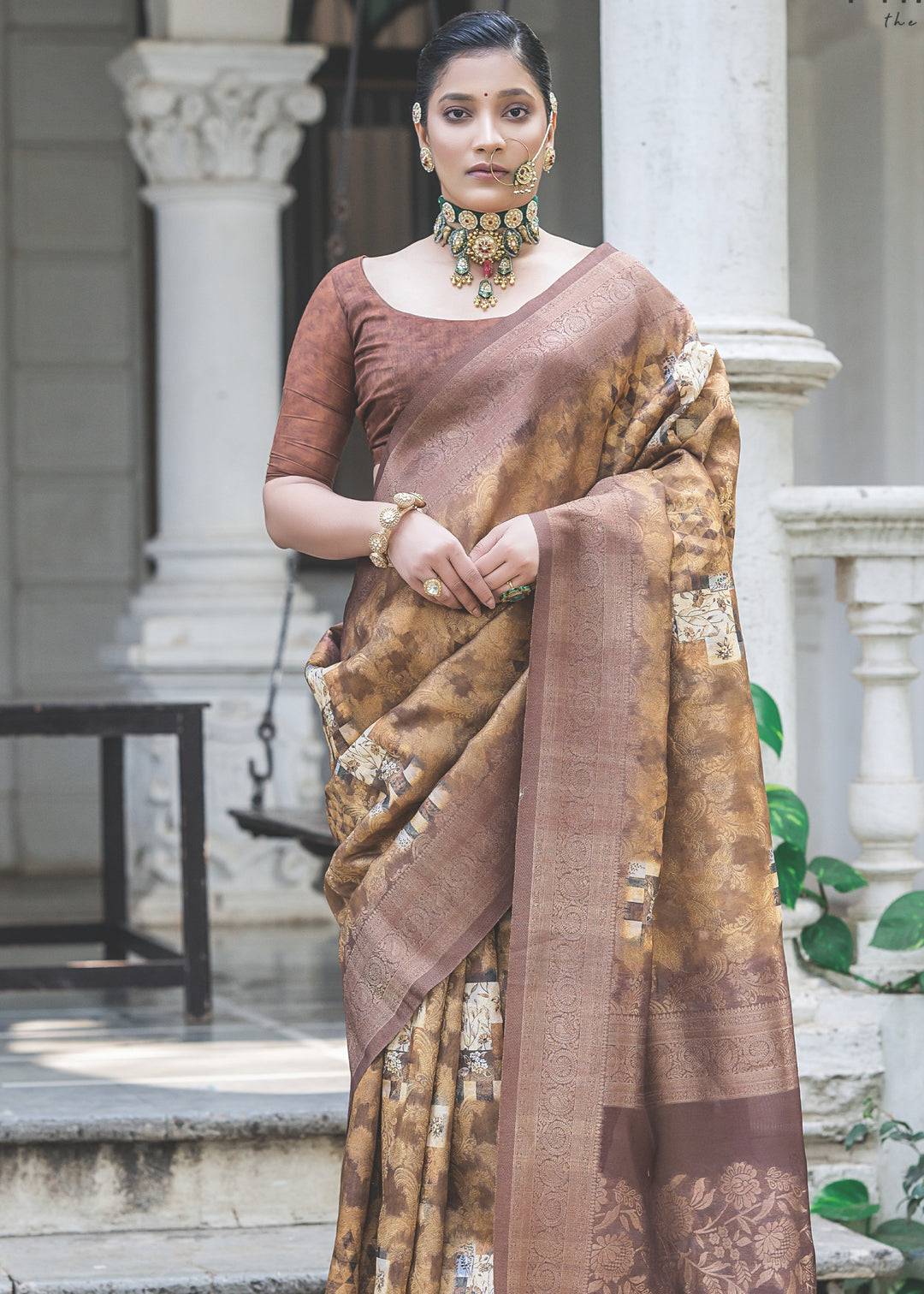 Toffee Brown Woven Silk Saree with Contrast Pallu