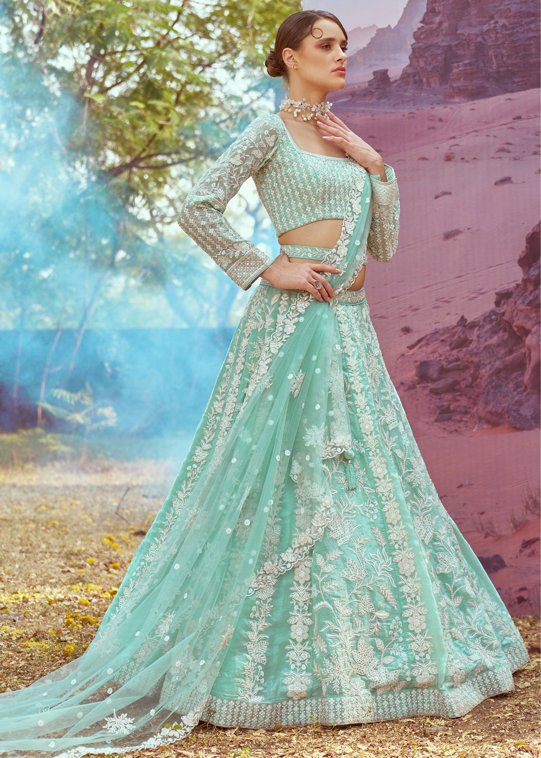 Sea green Organza Sequins embroidery Lehenga