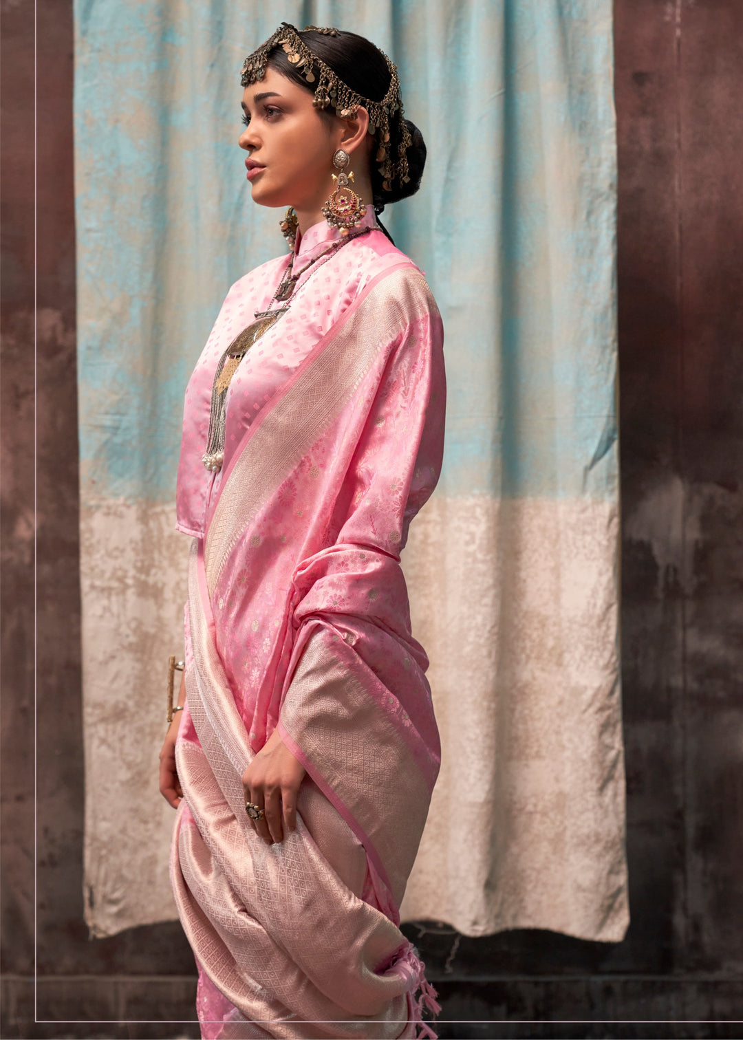 Baby Pink Pure Satin Handloom Weaving Silk Sarees