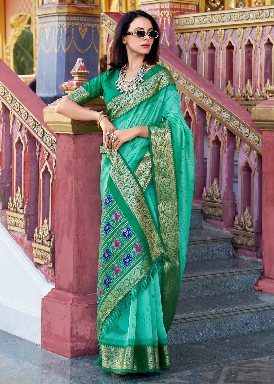 Emerald Green Tusser Handloom Silk Saree With Zari Weaving Border & Patola Weaved Pallu