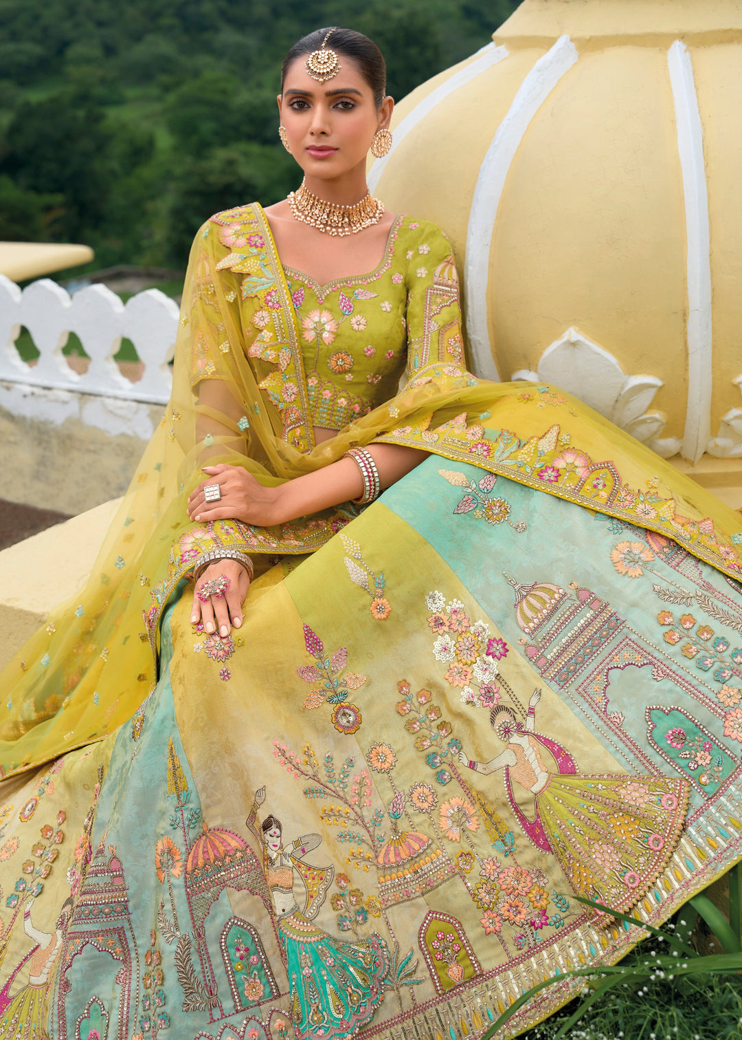 Lime Green Banarasi Silk Lehenga With Heavy Embroidery Work