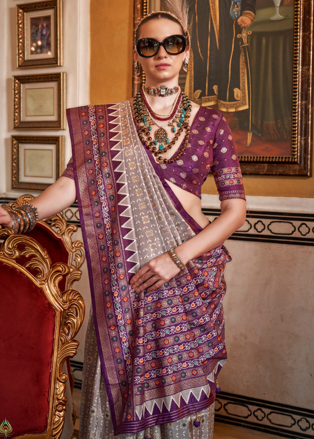 Misty Grey Silk Saree With Traditional Classic Design