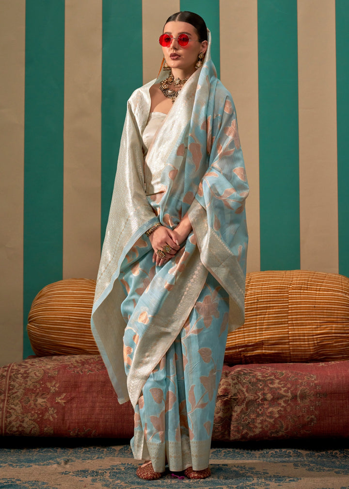 Light Blue Handloom Weaving Linen Saree