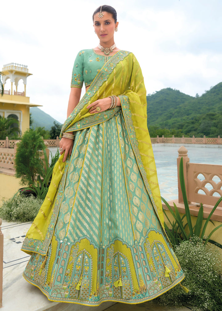 Mint Green Banarasi Silk Lehenga With Heavy Embroidery Work