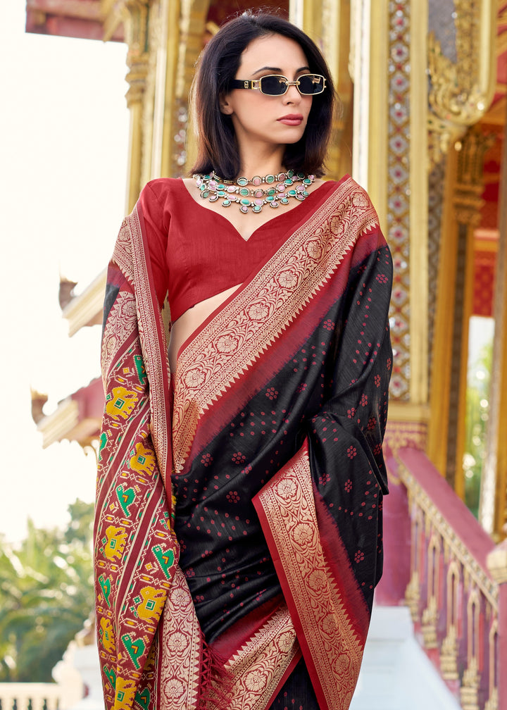 Midnight Black Tusser Handloom Silk Saree With Zari Weaving Border & Patola Weaved Pallu