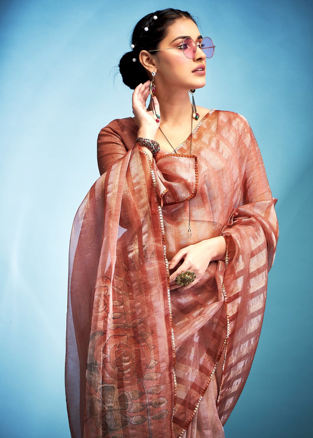 Salmon Orange Tissue Silk Saree With Floral Print