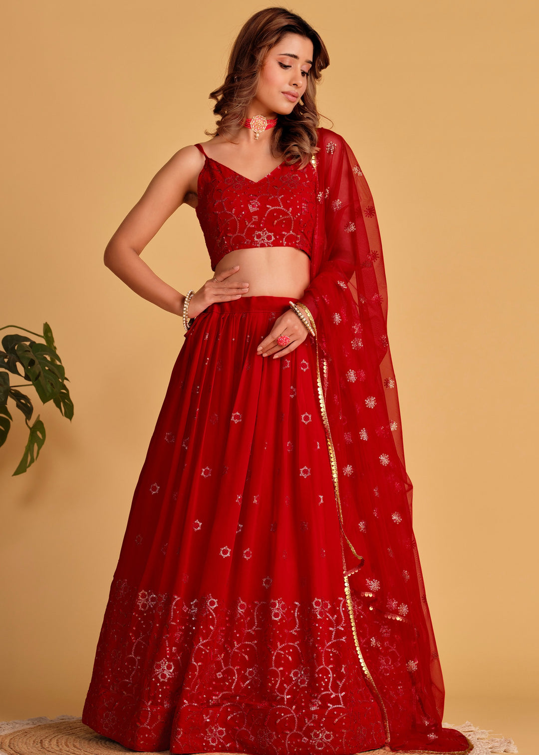 Crimson Red Georgette Lehenga Choli With Sequins Zari Embroidered Work