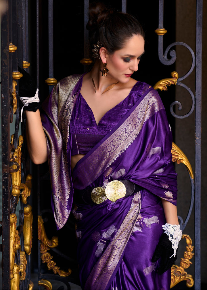 Indigo Purple Satin Mungha Silk Saree