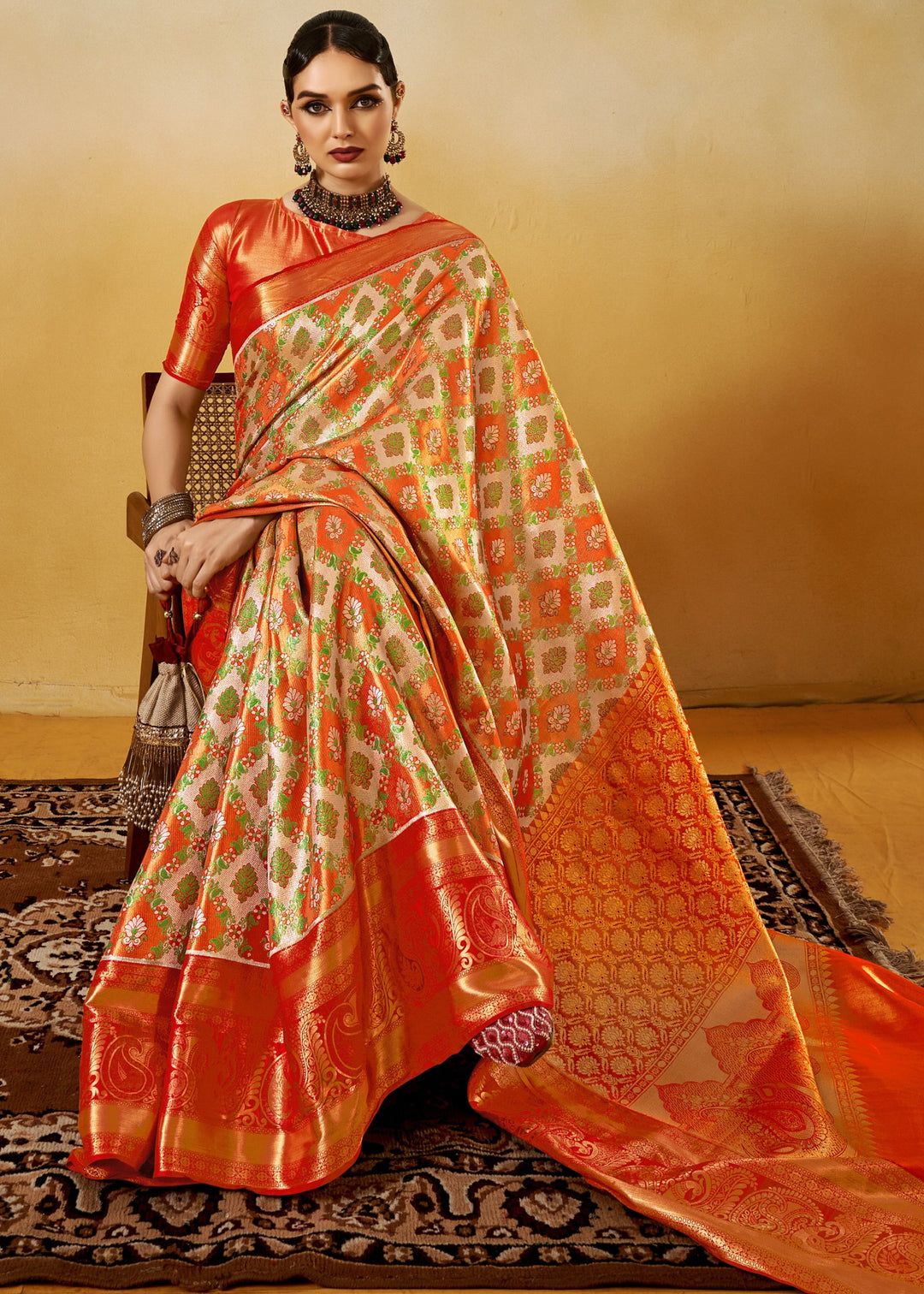 Orange Handloom Dharamavaram Silk Saree