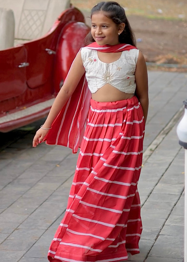 White & Red Faux Georgette With Digital Print Lehenga