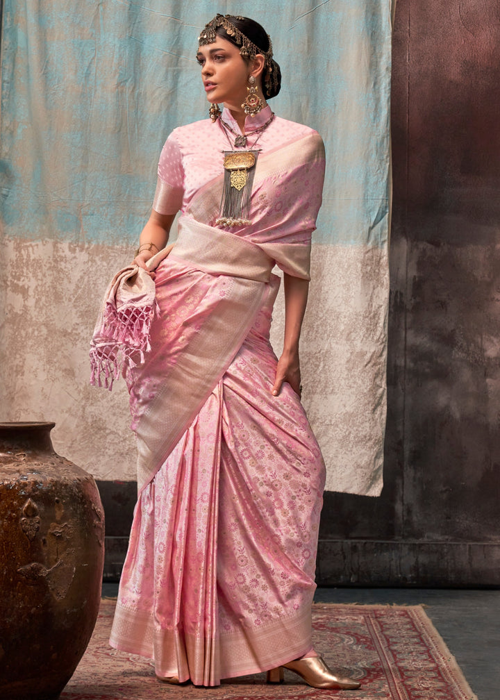 Soft Pink Pure Satin Handloom Weaving Silk Sarees