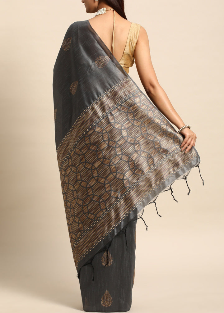 Shadow Grey Woven Handloom Raw Silk Saree