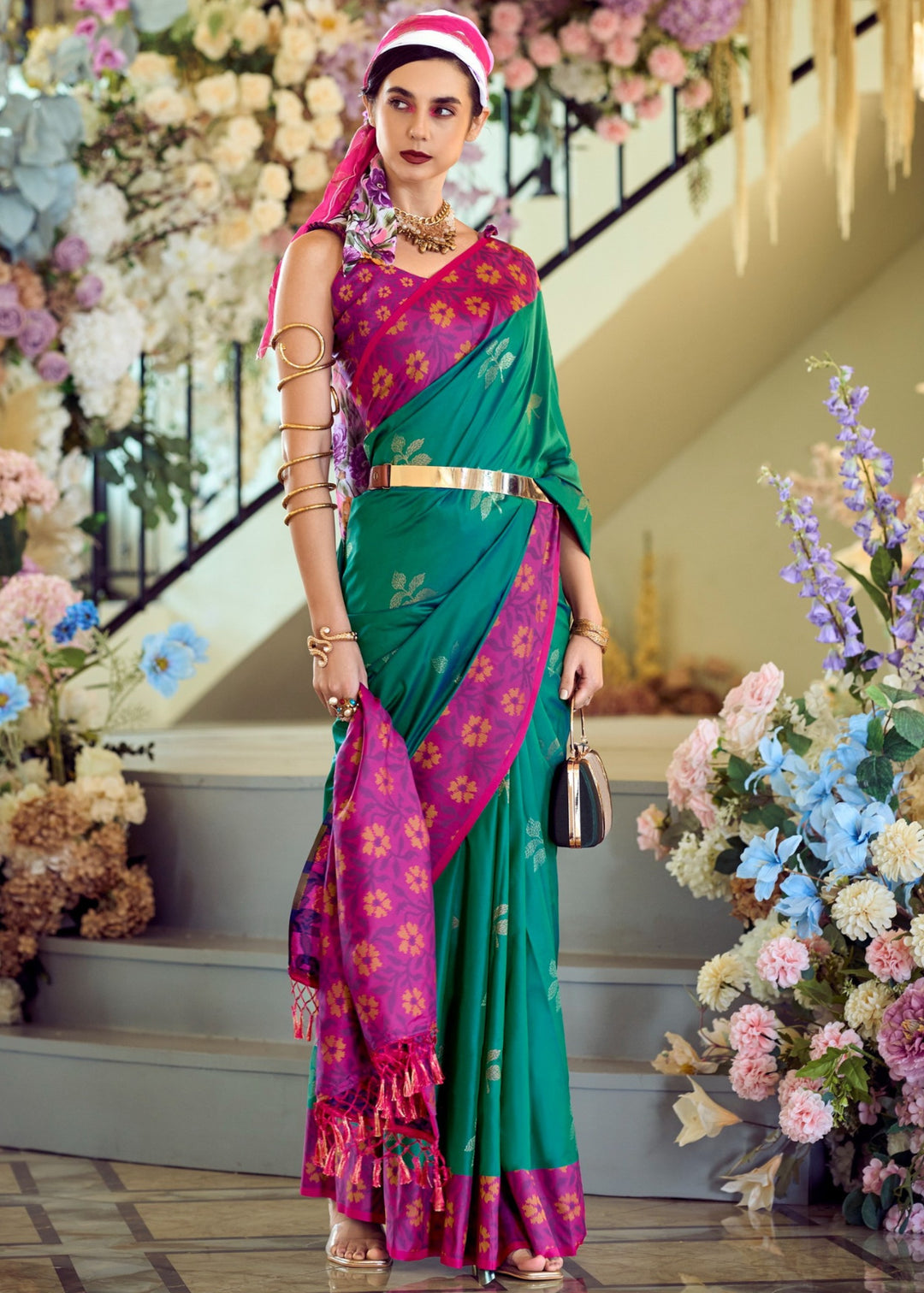 Pine Green Soft Silk Saree With Ikkat Border