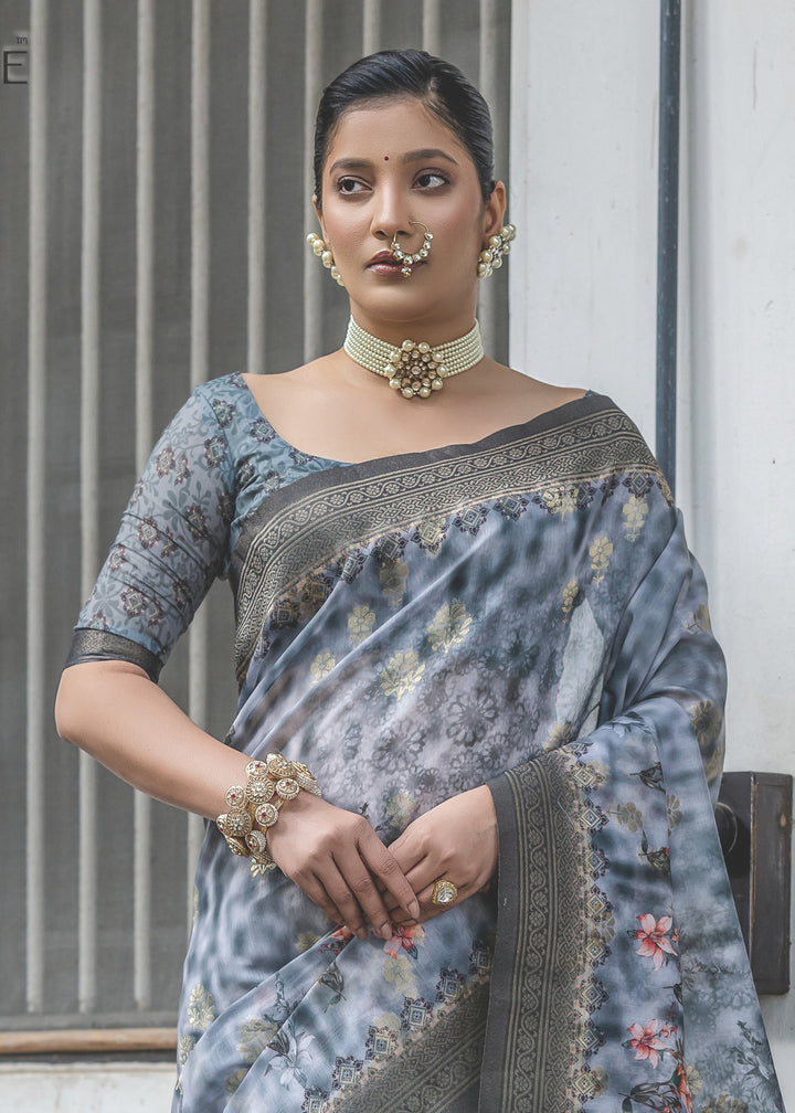 Pigeon Blue Woven Silk Saree