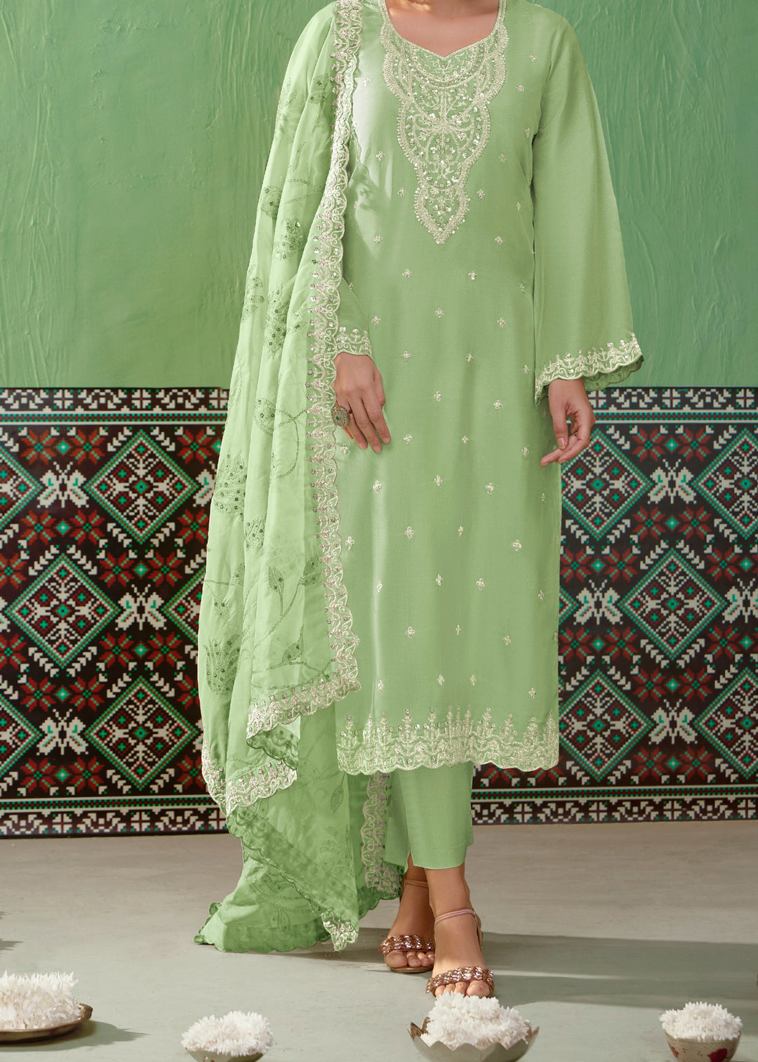 Green Pure Bamber Silk with Embroidery Salwar Suit